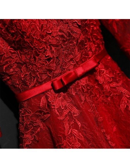 Short Red Lace A Line Party Dress Short With 3/4 Sleeves #MYX18086 ...