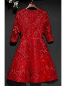Short Red Lace A Line Party Dress Short With 3/4 Sleeves