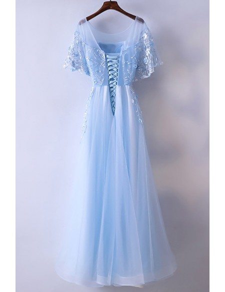 Beautiful Cap Sleeve Blue Prom Dress Long With Tulle