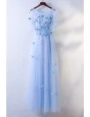 Cute Blue Flowy Long Cheap Prom Dress With Butterflies
