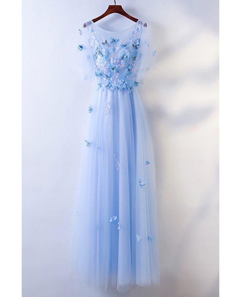 Cute Blue Flowy Long Cheap Prom Dress With Butterflies Myx Gemgrace Com