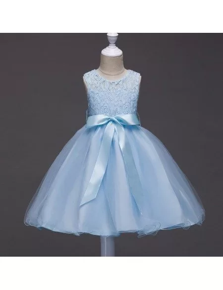 Cheap Toddler Blue Lace Flower Girl Dress With Sash