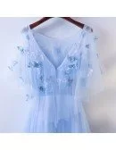 Cute Blue Flowy Long Cheap Prom Dress With Butterflies