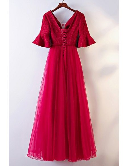 Burgundy A Line Long Formal Party Dress With Butterfly Sleeves