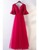 Burgundy A Line Long Formal Party Dress With Butterfly Sleeves