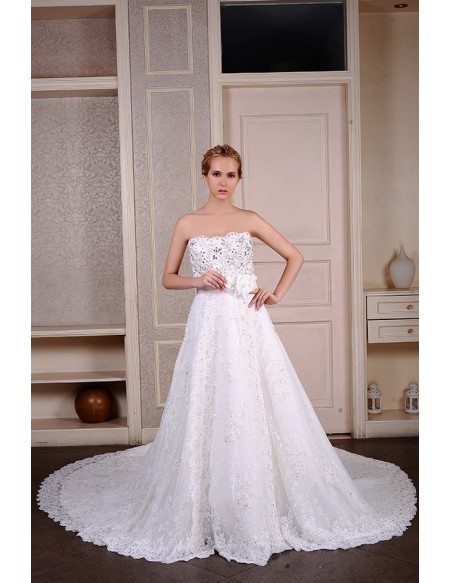 Ball-Gown Strapless Cathedral Train Lace Wedding Dress With Beading Flowers