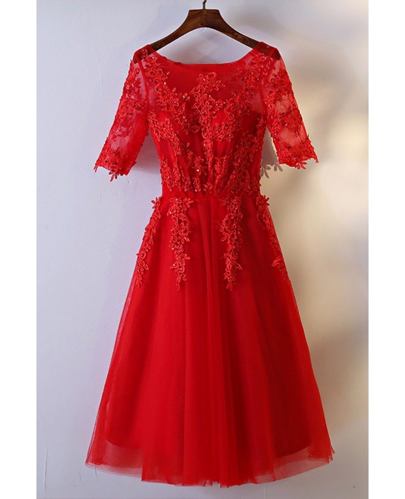 Short Red Lace Bridal Reception Dress With Short Sleeves #MYX18097 ...