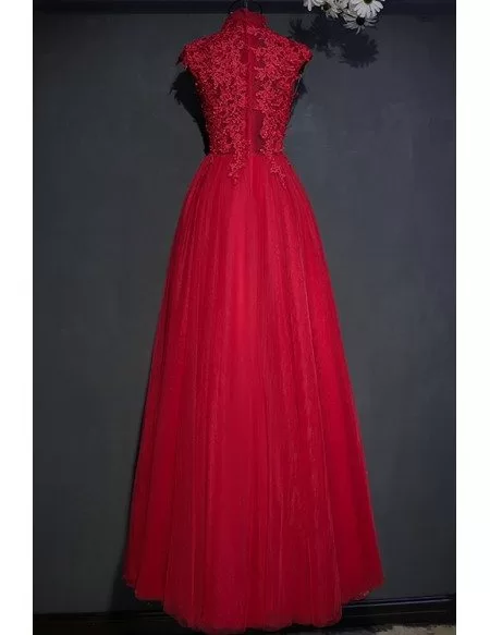Vintage Lace High Neck Long Tulle Prom Party Dress Burgundy