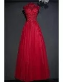 Vintage Lace High Neck Long Tulle Prom Party Dress Burgundy