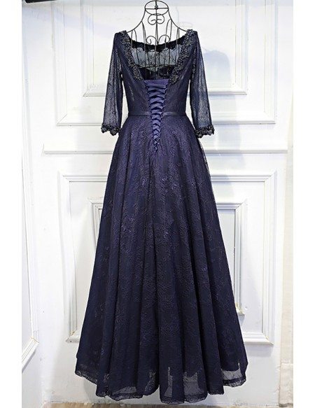 Vintage 3/4 Sleeve Navy Blue Long Prom Dress Lace With Corset Back