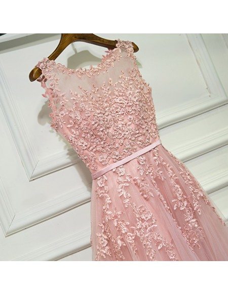 Gorgeous Pink Tulle Prom Dress Long With Lace Sleeveless
