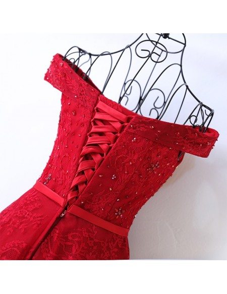 Red Long Lace Formal Party Dress With Off Shoulder