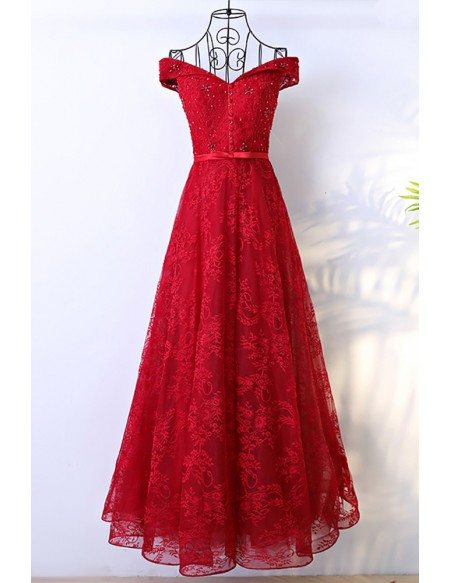 Red Long Lace Formal Party Dress With Off Shoulder