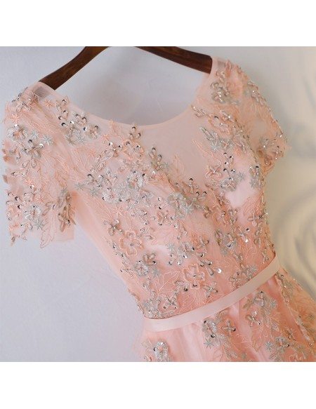 Peachy Pink Round Neck Long Prom Dress With Short Sleeves