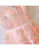 Peachy Pink Round Neck Long Prom Dress With Short Sleeves