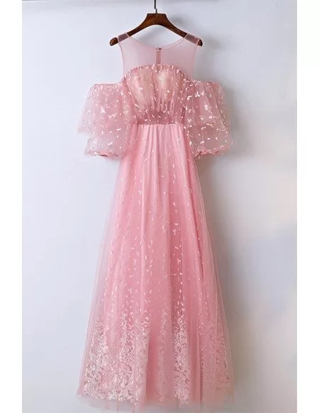 Lovely Pink Applique Lace Long Prom Dress Different