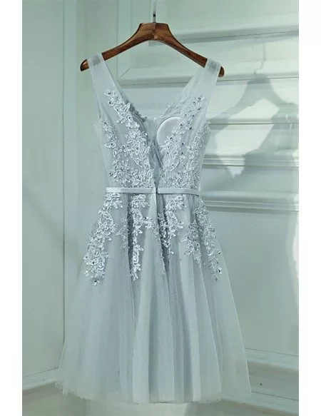 Silver V-neck Short Lace Reception Party Dress V-neck
