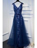 Unique Navy Blue Long Lace Prom Dress V-neck With Sash