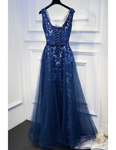 Unique Navy Blue Long Lace Prom Dress V-neck With Sash