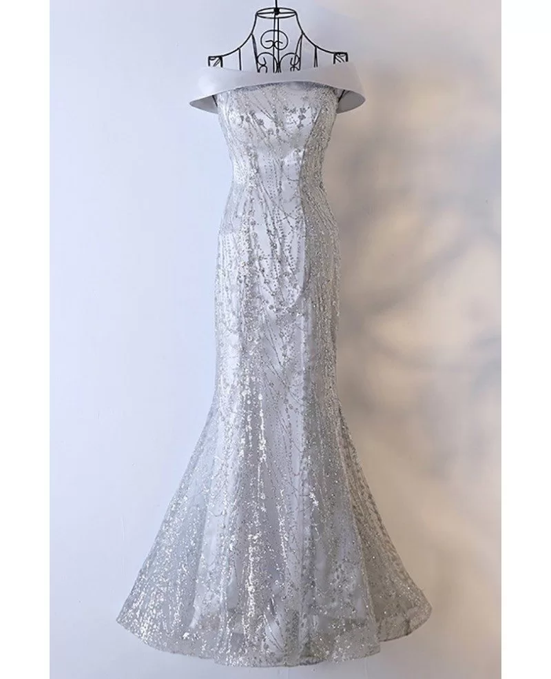 off shoulder silver sequin dress