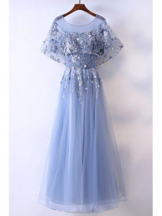 Different Blue Cap Sleeve Long Party Dress For Formal
