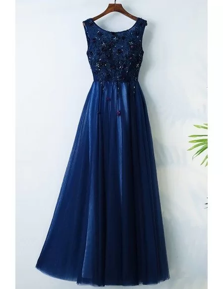 Navy Blue Long Cheap Formal Party Dress With Appliques