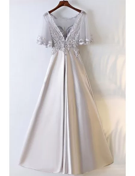 Silver Satin Long Party Prom Dress With Illusion Neckline