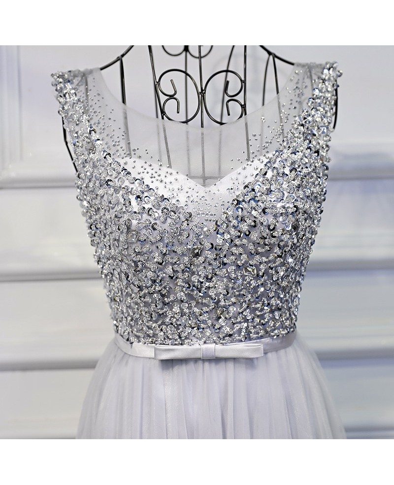 Silver Long Tulle Cheap Prom Dress With Sequins Bling Myx18158