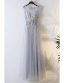 Flowy Grey Long Tulle Cheap Prom Dress With Lace Sleeveless