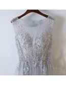 Flowy Grey Long Tulle Cheap Prom Dress With Lace Sleeveless
