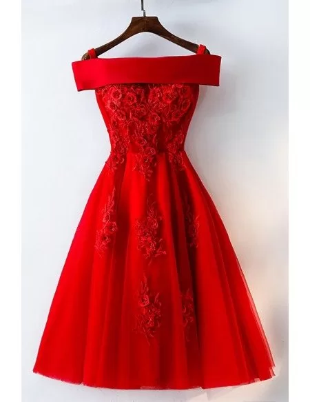 Short Off Shoulder Red Lace Bridal Party Dress