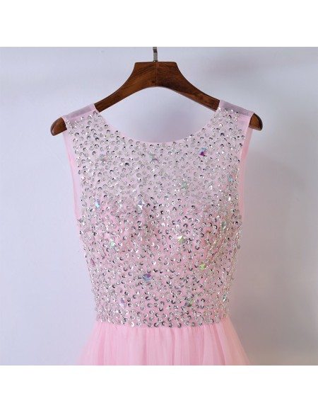 Cute Pink Long Sleeveless Prom Dress With Bling Sequins