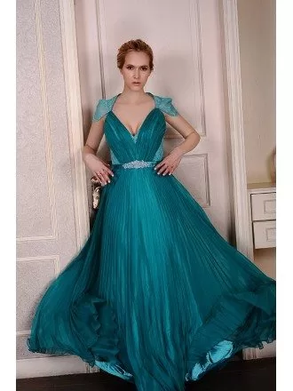 A-Line V-neck Floor-Length Evening Dress With Beading Pleated