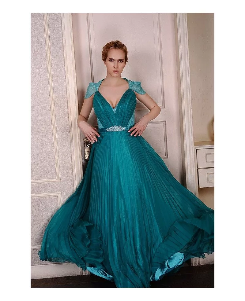 A-Line V-neck Floor-Length Evening Dress With Beading Pleated #GM5070 ...