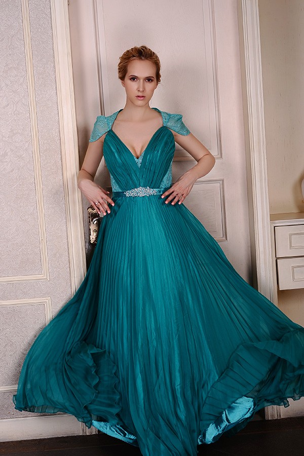 A-Line V-neck Floor-Length Evening Dress With Beading Pleated #GM5070 ...