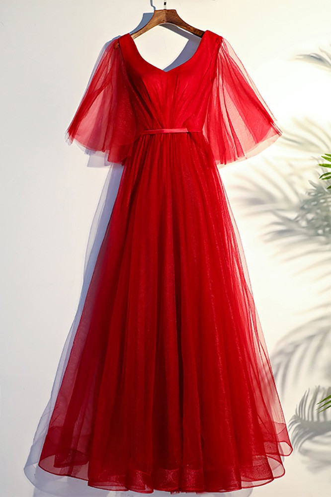 Flowy Red Butterfly Sleeves Party Dress - GemGrace.com