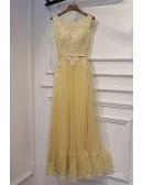 Long Champagne Sleeveless Prom Dress With Beaded Lace
