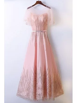 Elegant Long Pink A Line Prom Dress Sequins With Illusion Neckline