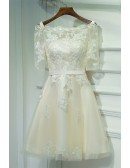Champagne Lace Off Shoulder Short Party Dress For Weddings