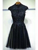 Vintage Chic Short Black Lace Prom Dress With Cap Sleeves