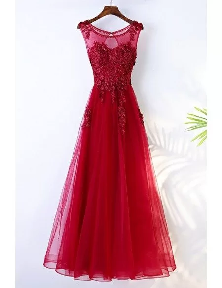 Burgundy Long A Line Formal Party Dress Sleeveless With Lace