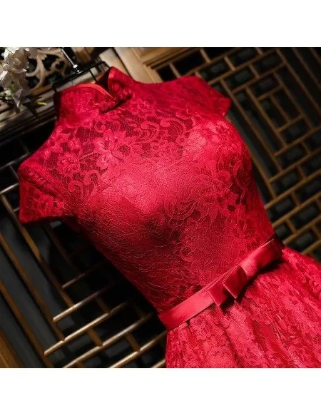 Chinese Burgundy Qipao Style Short Reception Party Dress With Sleeves