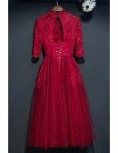Burgundy Vintage High Neck Short Party Dress With Sleeves For Weddings