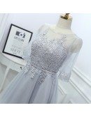 Grey Lace Short Reception Party Dress With Illusion Neck Sleeves