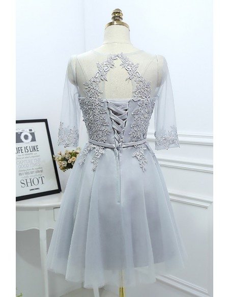 Grey Lace Short Reception Party Dress With Illusion Neck Sleeves # ...