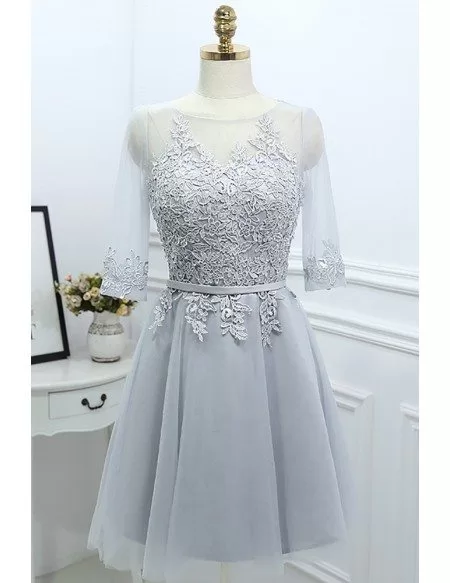 Grey Lace Short Reception Party Dress With Illusion Neck Sleeves