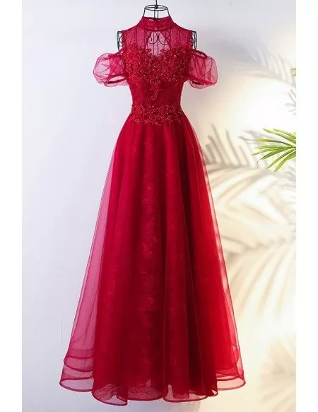 Lolita Long Tulle Burgundy Formal Party Dress With High Neck