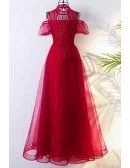 Lolita Long Tulle Burgundy Formal Party Dress With High Neck
