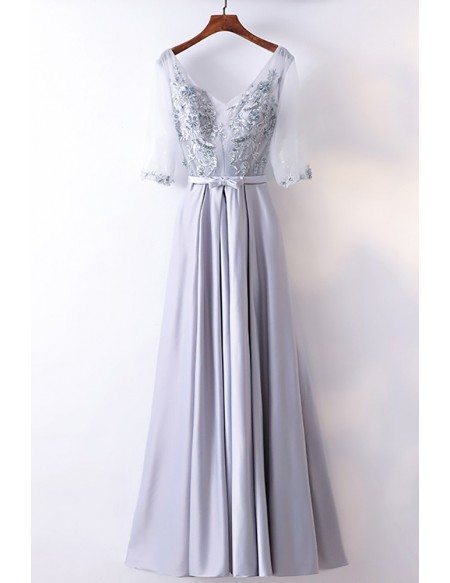 Gorgeous Silver Satin Long Party Dress V-neck With Sleeves