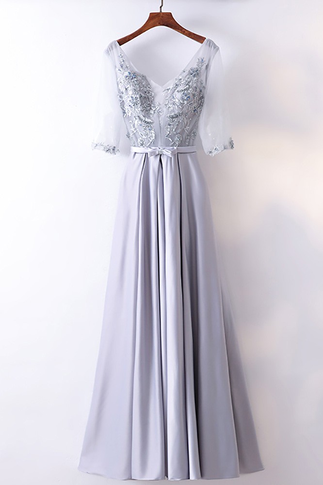 Gorgeous Silver Satin Long Party Dress V-neck With Sleeves #MYX18228 ...